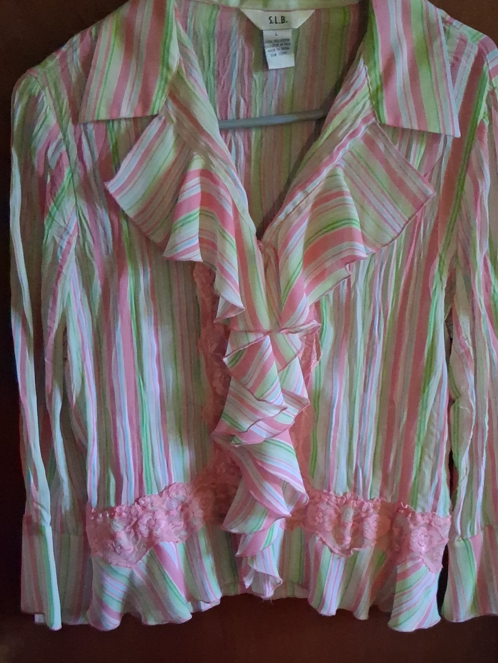 Y2K SLB Pink & Green Striped Ruffle Blouse